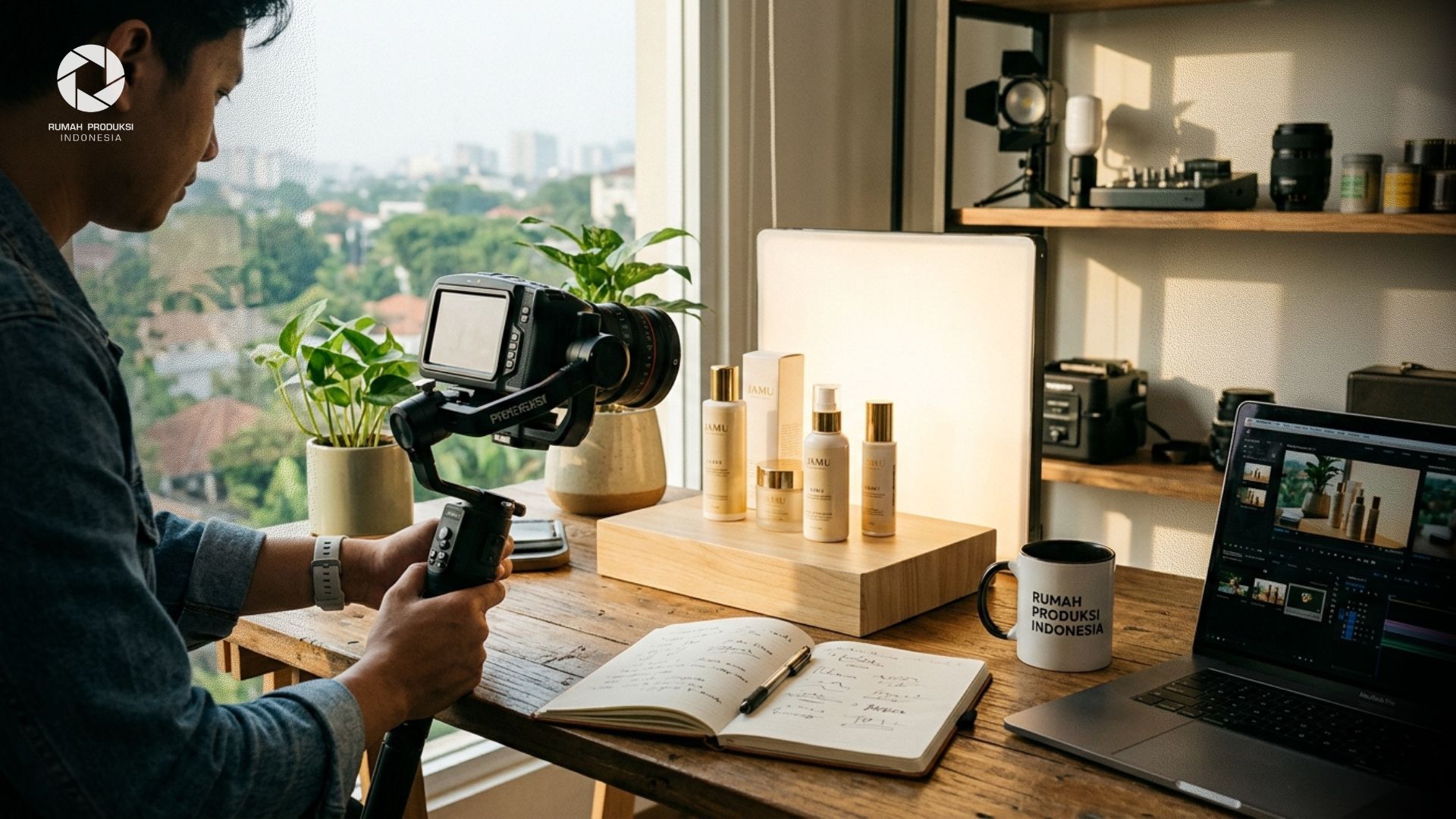 Proses syuting video promosi produk estetik di studio kreatif dengan pencahayaan natural.