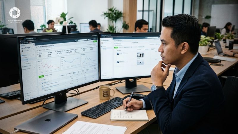 pebisnis mengevaluasi penyebab iklan facebook ads tidak konversi di dashboard analytics.