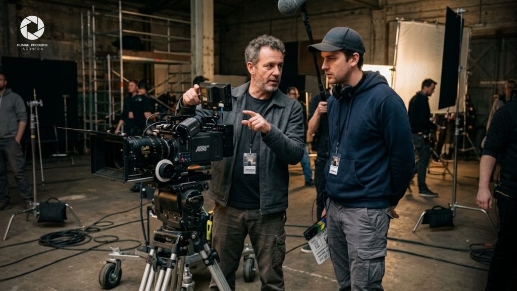 Beda DoP dan cameraman sedang berdiskusi di set produksi film menggunakan kamera profesional