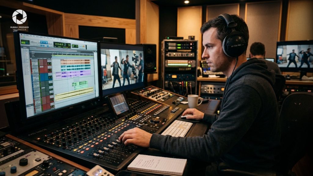 Seseorang sedang melakukan proses audio editing film menggunakan headphones di studio profesional.
