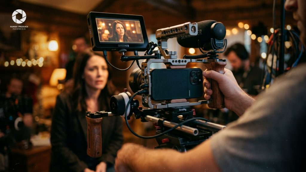 Seseorang sedang merekam adegan film pendek pakai hp dengan pencahayaan sinematik dan grip stabilizer.