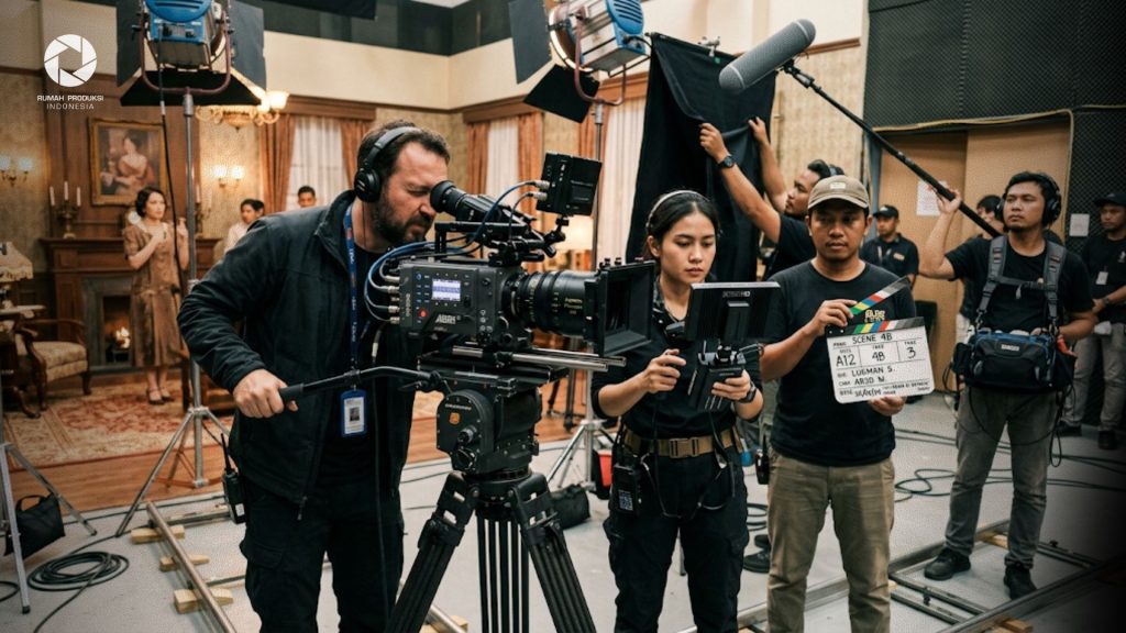 Kru film sedang mengoperasikan kamera di set syuting profesional