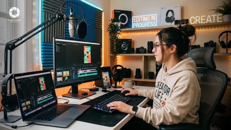 Kreator konten sedang mengedit video iklan yang menarik untuk Instagram dan TikTok di studio kerja