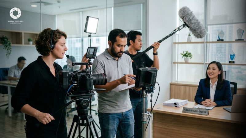 Tim rumah produksi sedang memproses perekaman gambar untuk pembuatan video company profile perusahaan profesional.