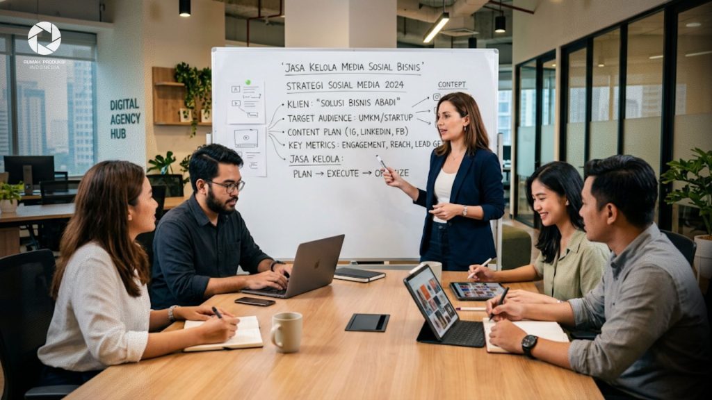 Tim profesional digital agency sedang mendiskusikan strategi jasa kelola media sosial bisnis