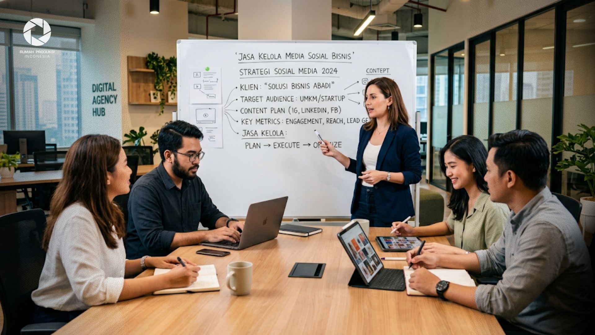 Tim profesional digital agency sedang mendiskusikan strategi jasa kelola media sosial bisnis