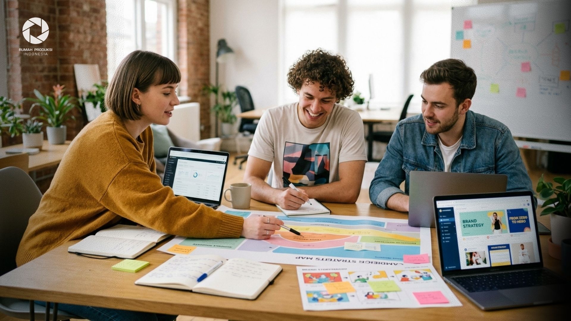 Tim digital marketing agency sedang merancang strategi branding bisnis dari nol di ruang kerja modern.