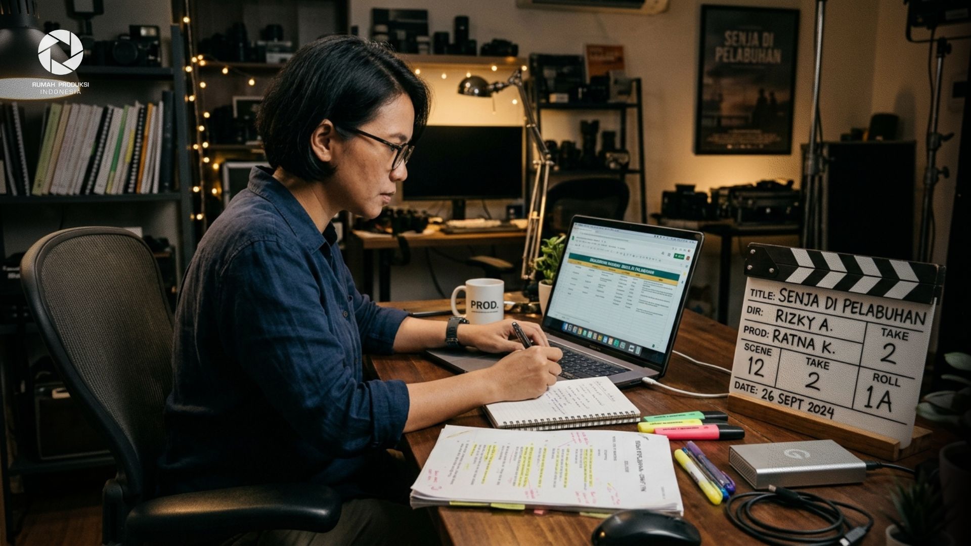 Seorang produser sedang melakukan breakdown naskah film pendek menggunakan laptop dan papan klapper di meja kerja.