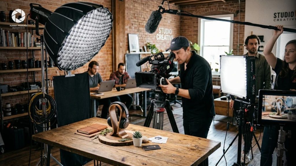 Proses pembuatan video promosi produk profesional menggunakan kamera dan pencahayaan studio di ruang kerja kreatif.