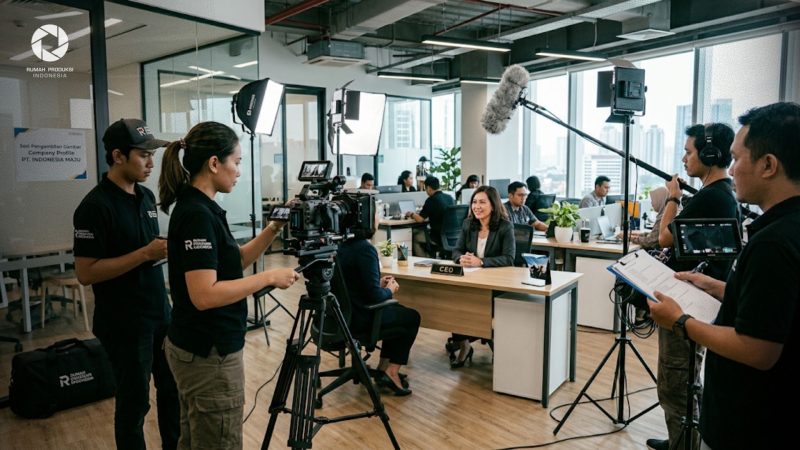 Tim videografer Rumah Produksi Indonesia sedang melakukan pengambilan gambar video company profile profesional di ruang kantor modern