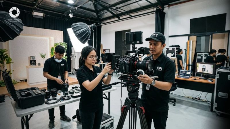 Tim videografer Rumah Produksi Indonesia sedang menyiapkan peralatan kamera untuk pengambilan gambar video promosi produk di studio