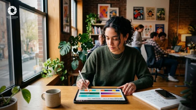 Desainer grafik sedang menyusun palet arti warna logo untuk bisnis di studio kreatif Rumah Produksi Indonesia.