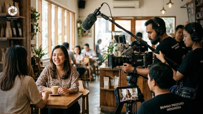Tim Rumah Produksi Indonesia sedang melakukan pengambilan video testimonial pelanggan secara alami dan profesional dengan kamera cinematic