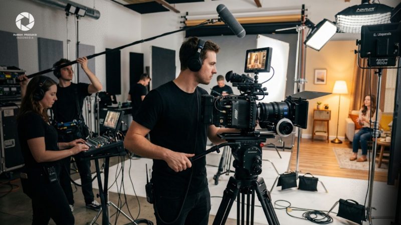 Tim videografer sedang menjalankan proses produksi video profesional di studio dengan kamera cinematic.