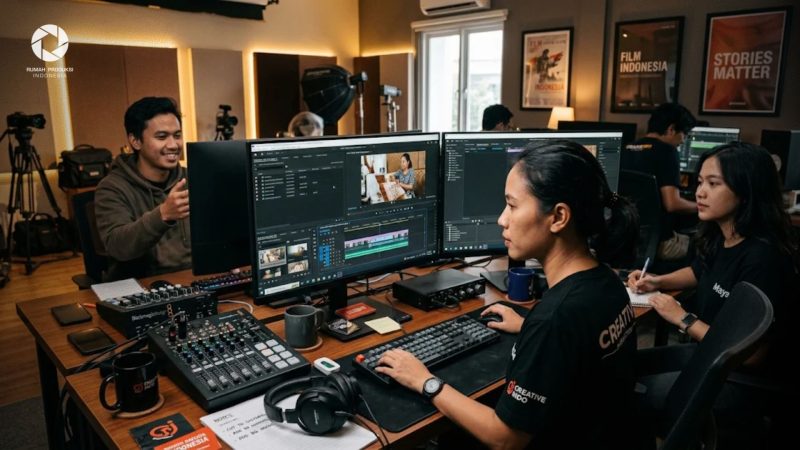 Tim kreatif Rumah Produksi Indonesia sedang mengedit video pendek hasil repurpose dari konten video panjang