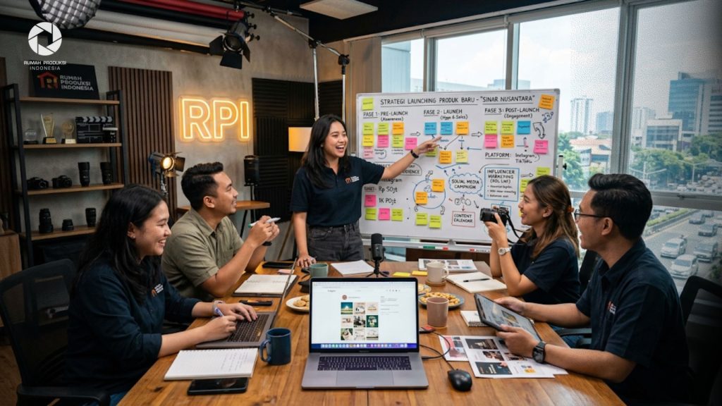 Tim digital marketing Rumah Produksi Indonesia sedang merancang strategi launching produk baru di studio kerja.