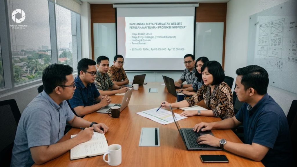Tim developer dan desainer Rumah Produksi Indonesia sedang mendiskusikan rancangan biaya pembuatan website perusahaan.