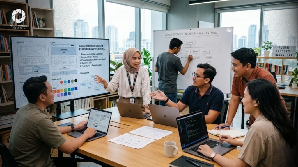 Tim desainer dan developer Rumah Produksi Indonesia sedang merancang tampilan cara membuat website perusahaan profesional