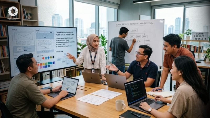 Tim desainer dan developer Rumah Produksi Indonesia sedang merancang tampilan cara membuat website perusahaan profesional