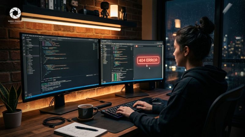 pengembang web sedang menganalisis arti kode error website pada layar monitor di studio kerja.
