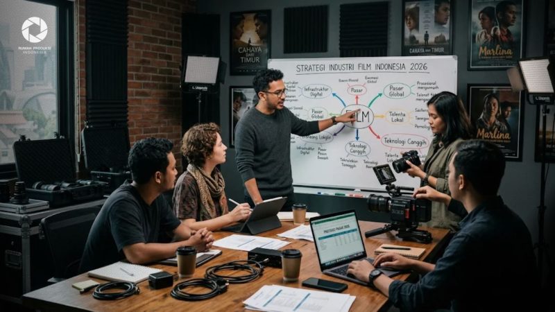 Suasana ruang kerja tim produksi film kreatif dengan peralatan sinematografi modern saat menyusun strategi industri film Indonesia 2026