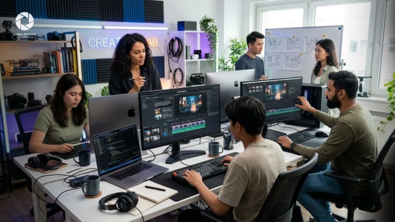 Tim kreatif sedang memproses produksi video AI di studio kerja modern.
