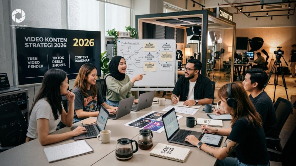 Tim kreatif sedang merancang strategi konten video pendek 2026 di studio produksi modern