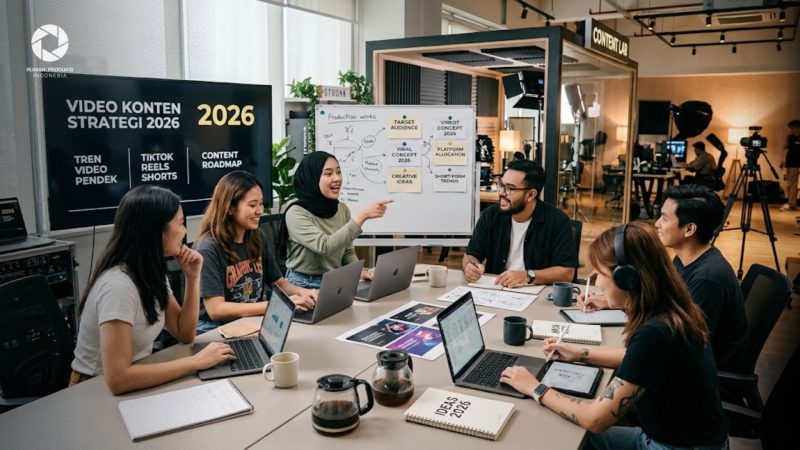 Tim kreatif sedang merancang strategi konten video pendek 2026 di studio produksi modern