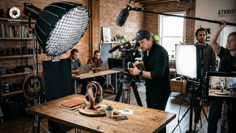Proses pembuatan video promosi produk profesional menggunakan kamera dan pencahayaan studio di ruang kerja kreatif.